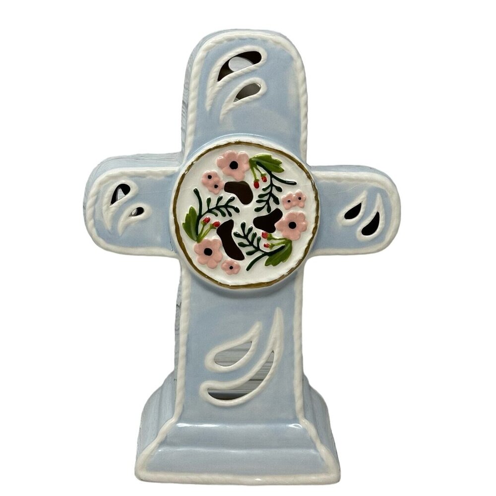 Blue Sky Clay Blue Cross Tea Light Holder Ceramic Heather Goldminc Pink Floral